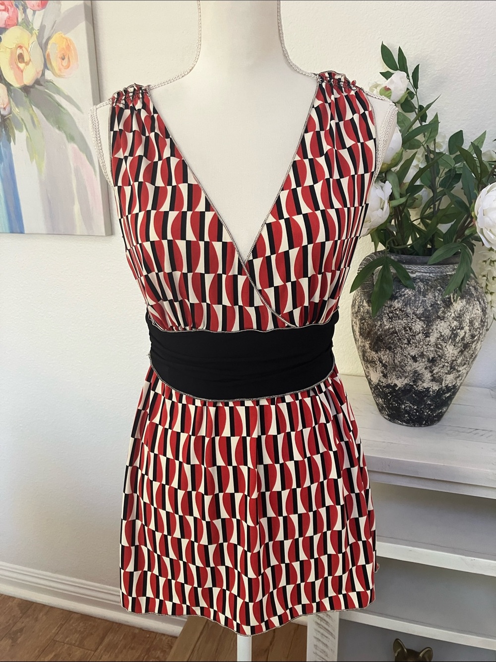 Y2k Studio Red, Cream & Black Geometric Print Sleeveless V-Neck Top